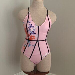 Cupshe Women's Asian Pink Floral Swimsuit with Black Windowpane Accent Size S